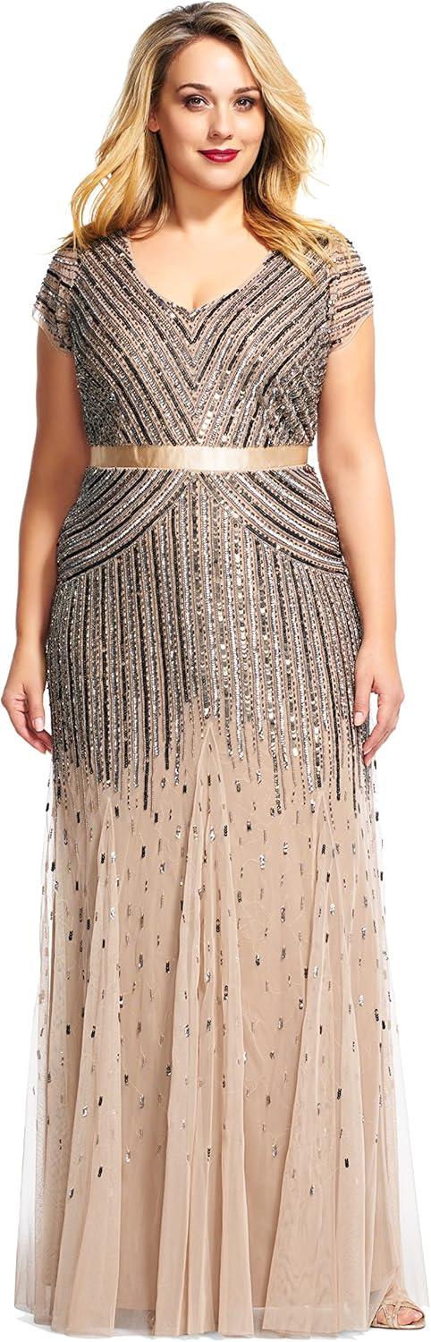 imageAdrianna Papell Womens Plus Size Floor Length Beaded Cap Sleeve VNeck DressNude
