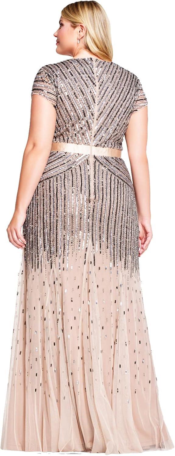 imageAdrianna Papell Womens Plus Size Floor Length Beaded Cap Sleeve VNeck DressNude