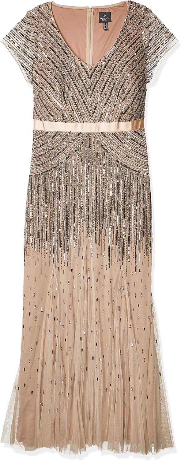 imageAdrianna Papell Womens Plus Size Floor Length Beaded Cap Sleeve VNeck DressNude