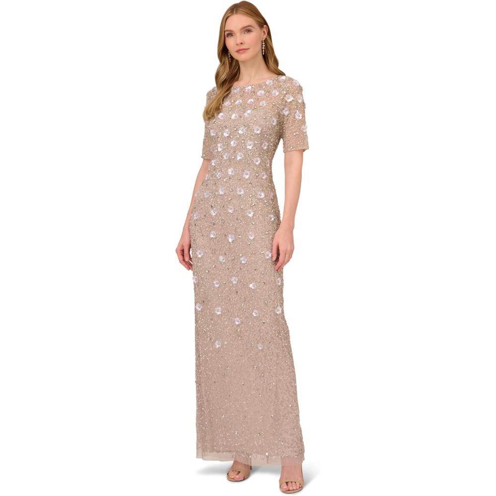 imageAdrianna Papell Womens Beaded Long 3D Floral DressMarble