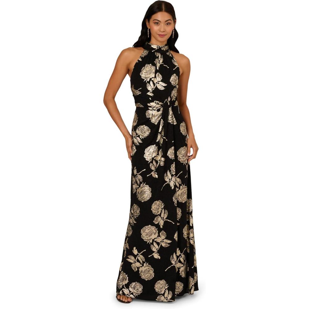 imageAdrianna Papell Womens Halter Metallic Floral GownBlackGold