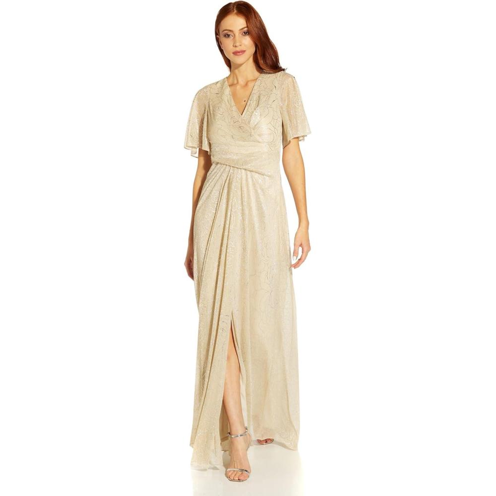 imageAdrianna Papell Womens Metallic Mesh Draped GownAlabaster