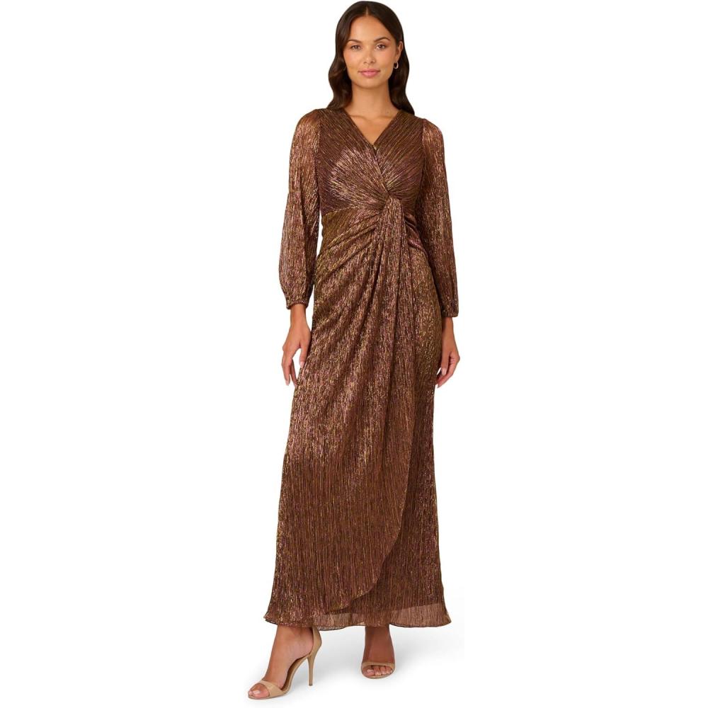 imageAdrianna Papell Womens Metallic Mesh Draped GownCopper