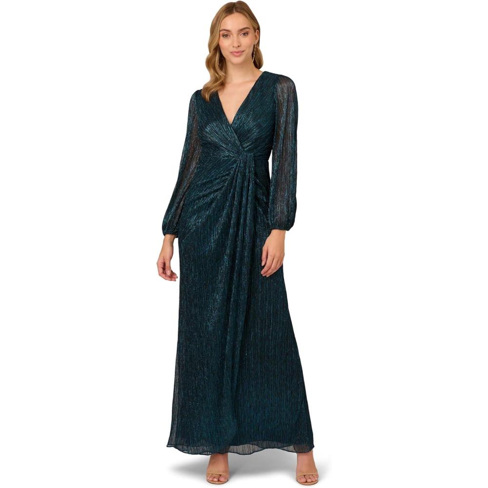 imageAdrianna Papell Womens Metallic Mesh Draped GownTeal Sapphire