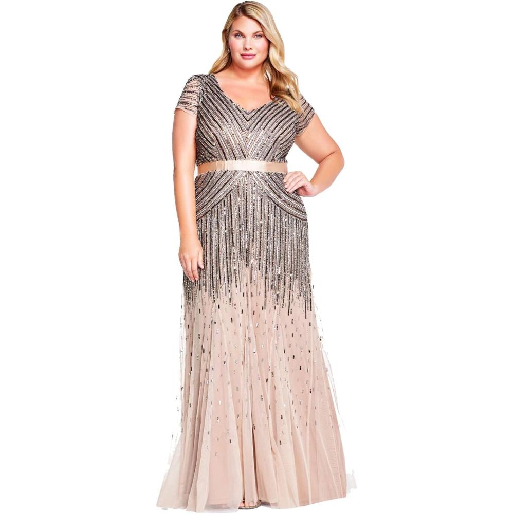 imageAdrianna Papell Womens Plus Size Floor Length Beaded Cap Sleeve VNeck DressNude