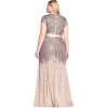 Adrianna Papell Women’s Plus Size Floor Length Beaded Cap Sleeve V-Neck Dress(Nude)