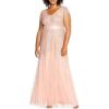Adrianna Papell Women’s Plus Size Floor Length Beaded Cap Sleeve V-Neck Dress(Blush)