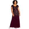 Adrianna Papell Women’s Plus Size Floor Length Beaded Cap Sleeve V-Neck Dress(Cassis)