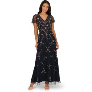 Adrianna Papell Short Sleeve Floral Beaded Mermaid Gown