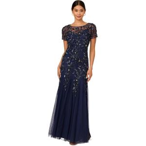 Adrianna Papell Women’s Bead Long Dress with Godets(Light Navy)