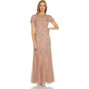 Adrianna Papell Women’s Bead Long Dress with Godets(Rose Gold)