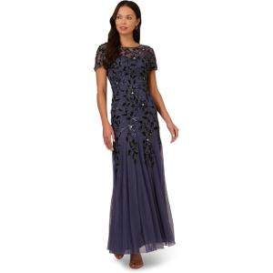 Adrianna Papell Women’s Bead Long Dress with Godets(Smoky Peri)