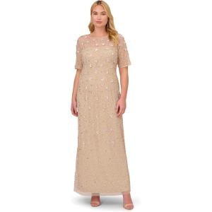 Adrianna Papell Womens Beaded Long 3D Floral Dress(Biscotti)