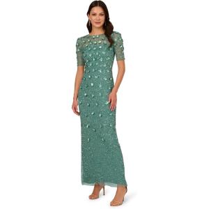 Adrianna Papell Womens Beaded Long 3D Floral Dress(Green Slate)