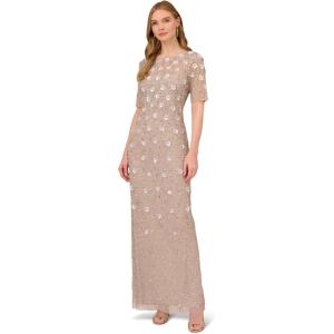 Adrianna Papell Womens Beaded Long 3D Floral Dress(Marble)