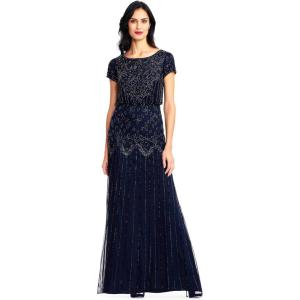 Adrianna Papell Women’s Short Sleeve Beaded Gown(Navy)