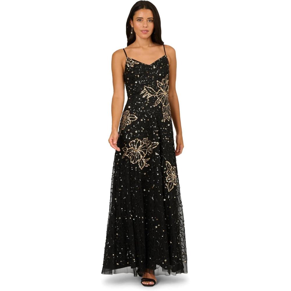 imageAdrianna Papell Womens Bead Mesh Flower DressBlackGold