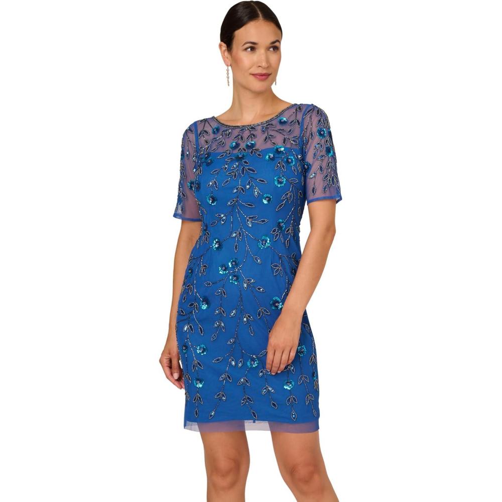 imageAdrianna Papell Womens Beaded Floral Short DressBlue Horizon