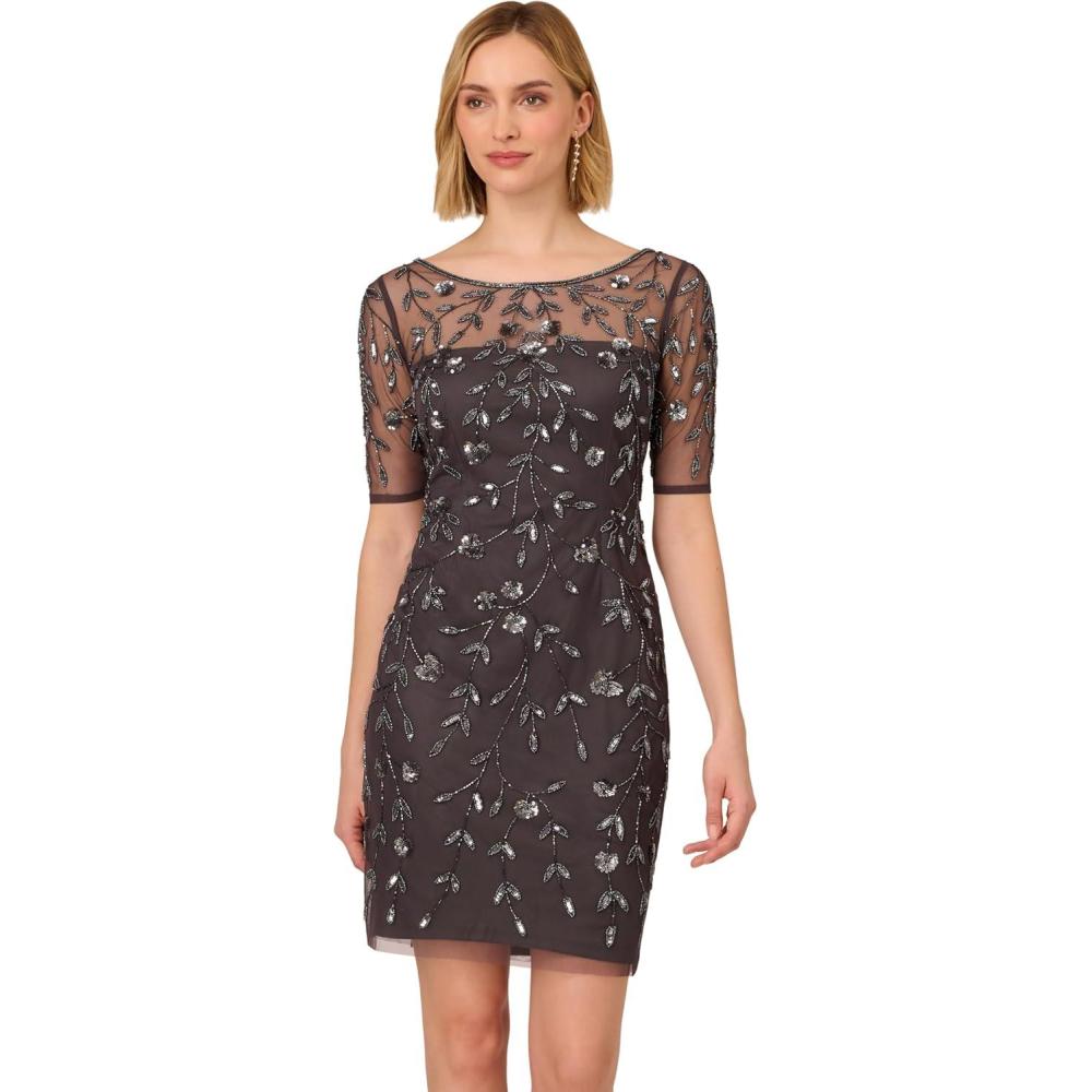 imageAdrianna Papell Womens Beaded Floral Short DressGunmetal