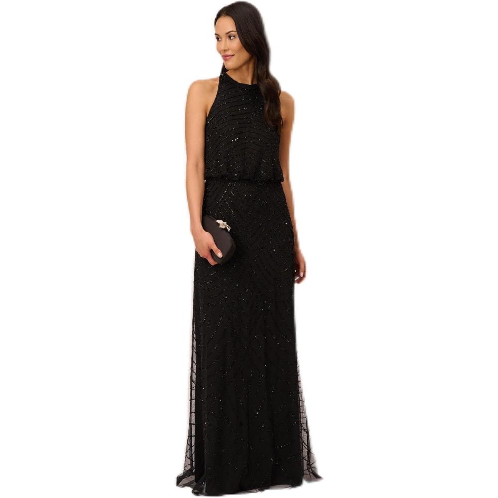 imageAdrianna Papell Womens Beaded Halter Long DressBlackBlack