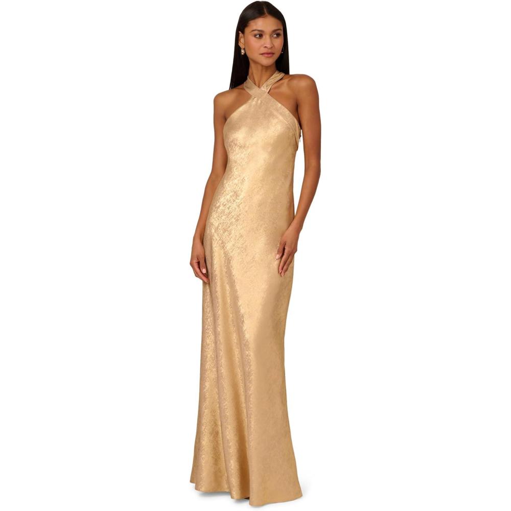 imageAdrianna Papell Womens Foiled Woven Halter GownLight Gold