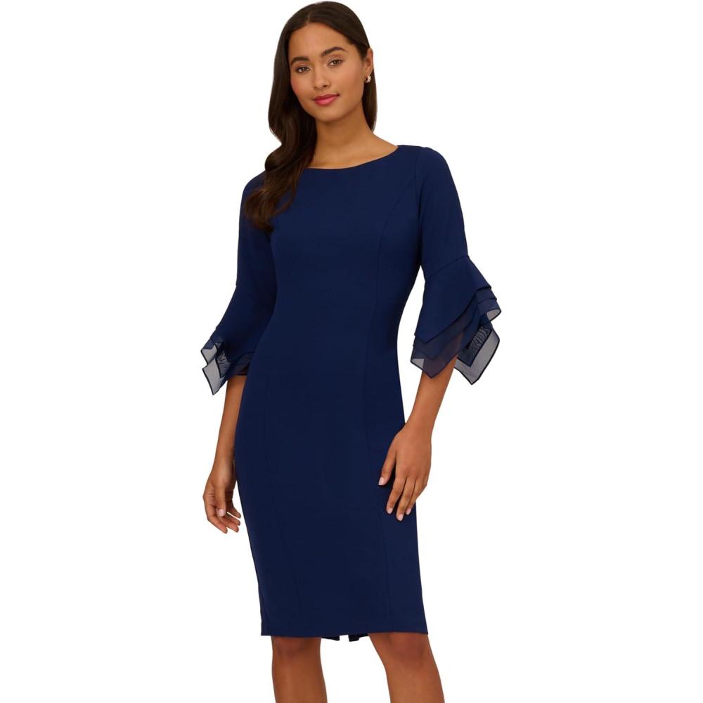 imageAdrianna Papell Womens Knit Crepe Tiered Sleeve DressNavy Sateen