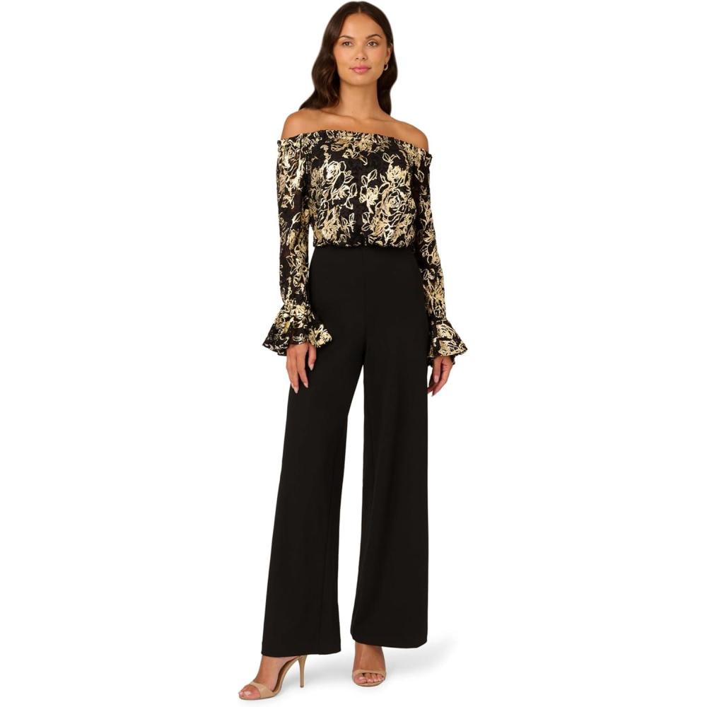 imageAdrianna Papell Womens Lace and Crepe JumpsuitBlackGold