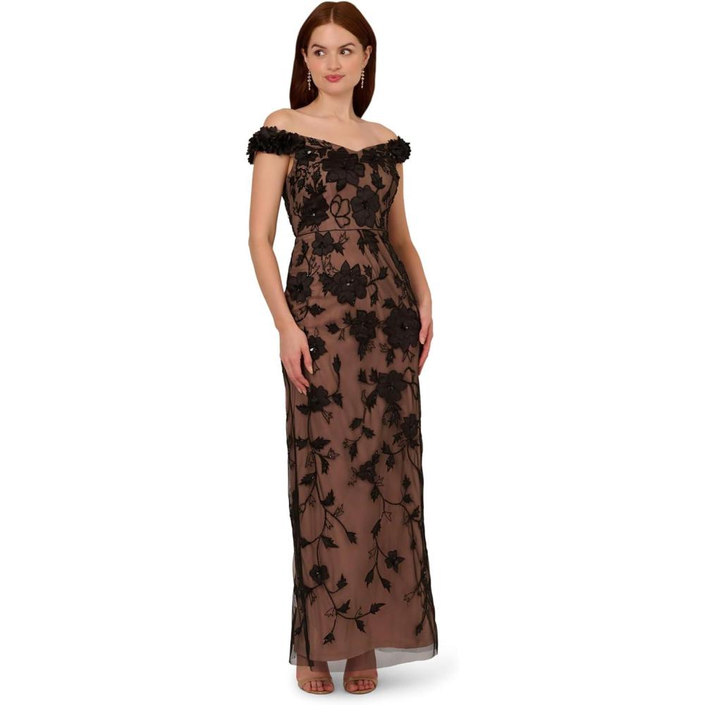 imageAdrianna Papell Womens Off Shoulder Bead Long DressBlackRosegold