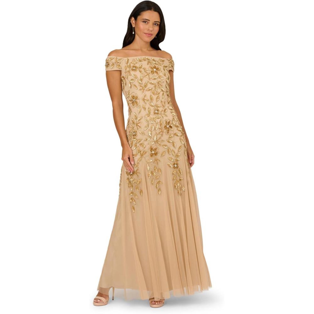 imageAdrianna Papell Womens Off Shoulder Bead Long DressChampagne Gold