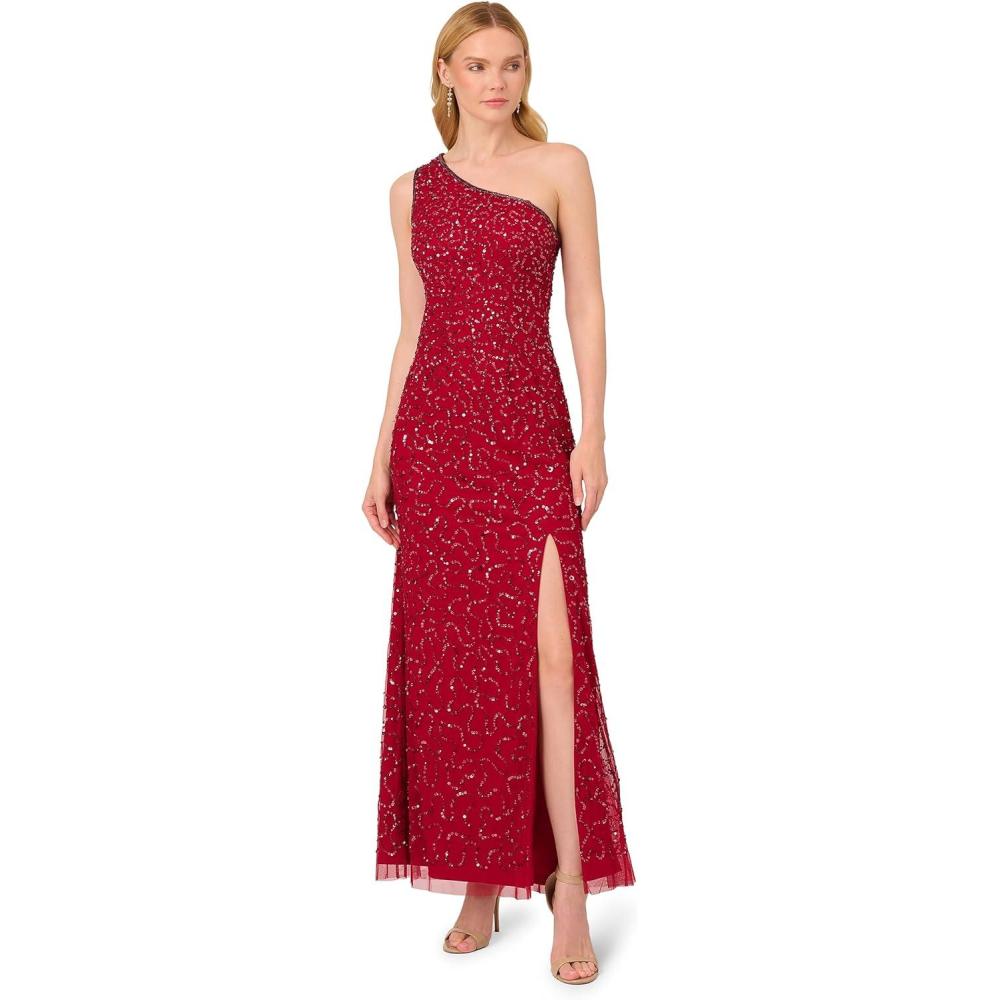 imageAdrianna Papell Womens One Shoulder Beaded DressCranberry