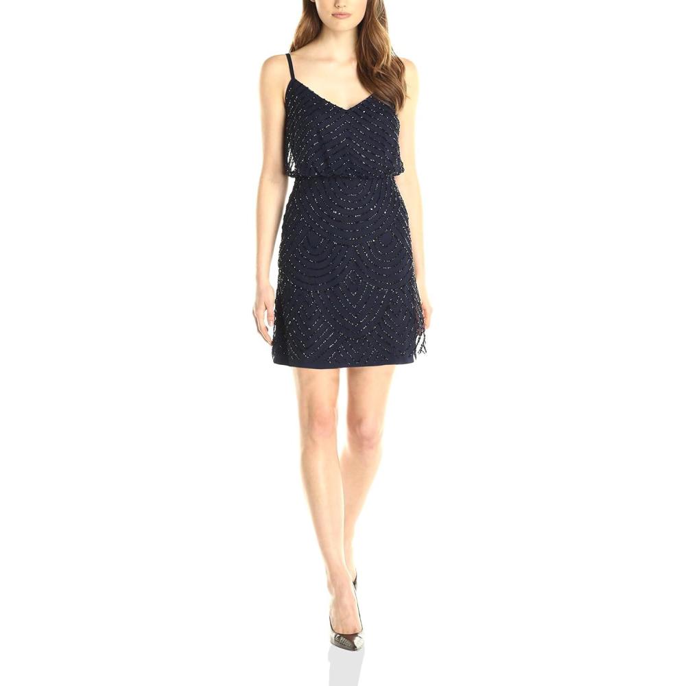 imageAdrianna Papell Womens Short Blouson Beaded Cocktail DressNavyBlack