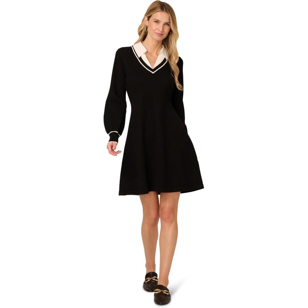 imageAdrianna Papell Womens VNeck Long Sleeve Sweater Dress with Contrast TippingBlackIvory