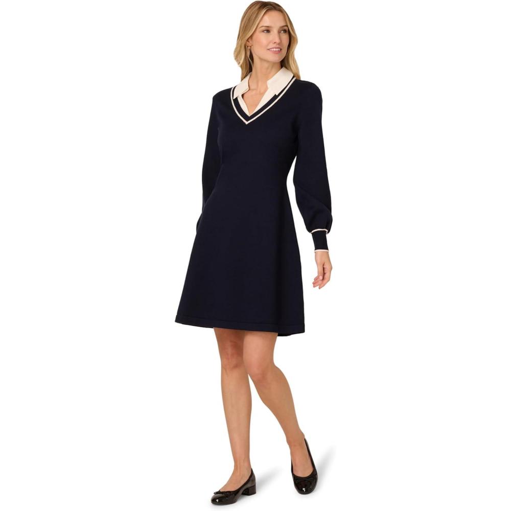 imageAdrianna Papell Womens VNeck Long Sleeve Sweater Dress with Contrast TippingBlue MoonIvory