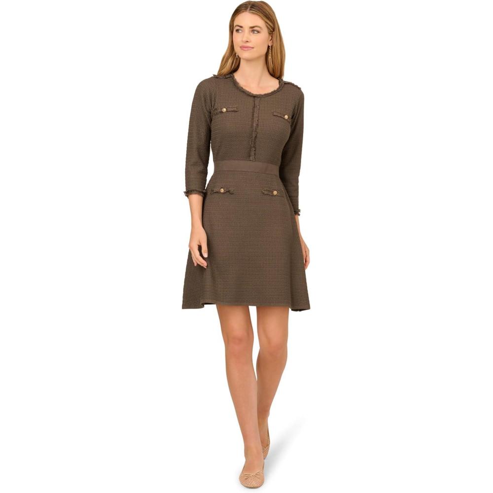imageAdrianna Papell Womens Waffle Textured Fit and Flare Knee Length Sweater DressFatigue