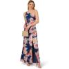 Adrianna Papell Floral Print Chiffon Gown with One Shoulder Neckline(Navy/Blush)