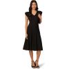 Adrianna Papell Women’s V-Neck Midi Ribbed Sweater Dress with Double Ruffle Sleeves(Black)