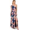 Adrianna Papell Floral Print Chiffon Gown with One Shoulder Neckline(Navy/Blush)