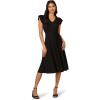 Adrianna Papell Women’s V-Neck Midi Ribbed Sweater Dress with Double Ruffle Sleeves(Black)