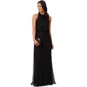 Adrianna Papell Women’s Beaded Halter Long Dress(Black/Black)