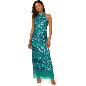 Adrianna Papell Women’s Beaded Halter Long Dress(Exotic Jade)