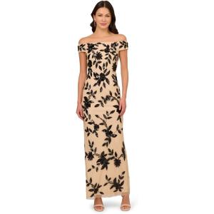 Adrianna Papell Womens Beaded Mesh Long Dress(Black/Nude)