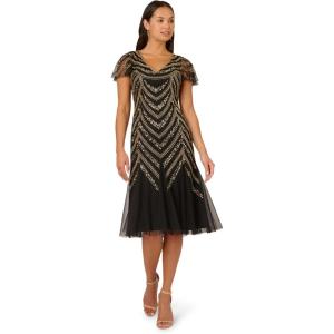 Adrianna Papell Womens Beaded Mesh Midi Dress(Black/Gold)