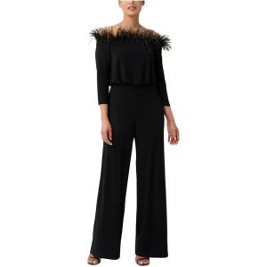 Adrianna Papell Womens Feather Trim Jersey Jumpsuit(Black)