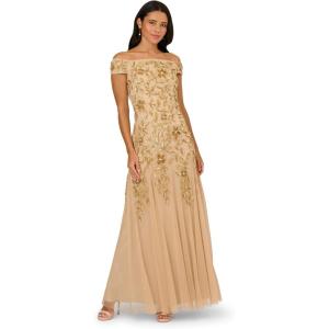 Adrianna Papell Womens Off Shoulder Bead Long Dress(Champagne Gold)