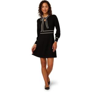 Adrianna Papell Women’s Tie Neck Tipped Fit and Flare Knee Length Sweater Dress(Black/Ivory)