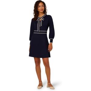 Adrianna Papell Women’s Tie Neck Tipped Fit and Flare Knee Length Sweater Dress(Blue Moon/Ivory)