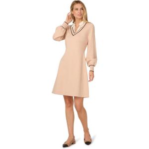 Adrianna Papell Women’s V-Neck Long Sleeve Sweater Dress with Contrast Tipping(Champagne Blush/Black)