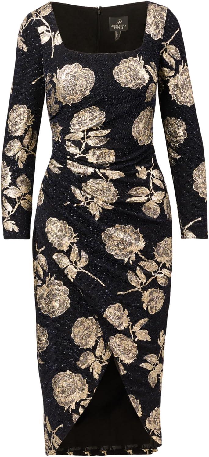 imageAdrianna Papell Long Sleeve Stretch Metallic Rose Floral Midi Dress
