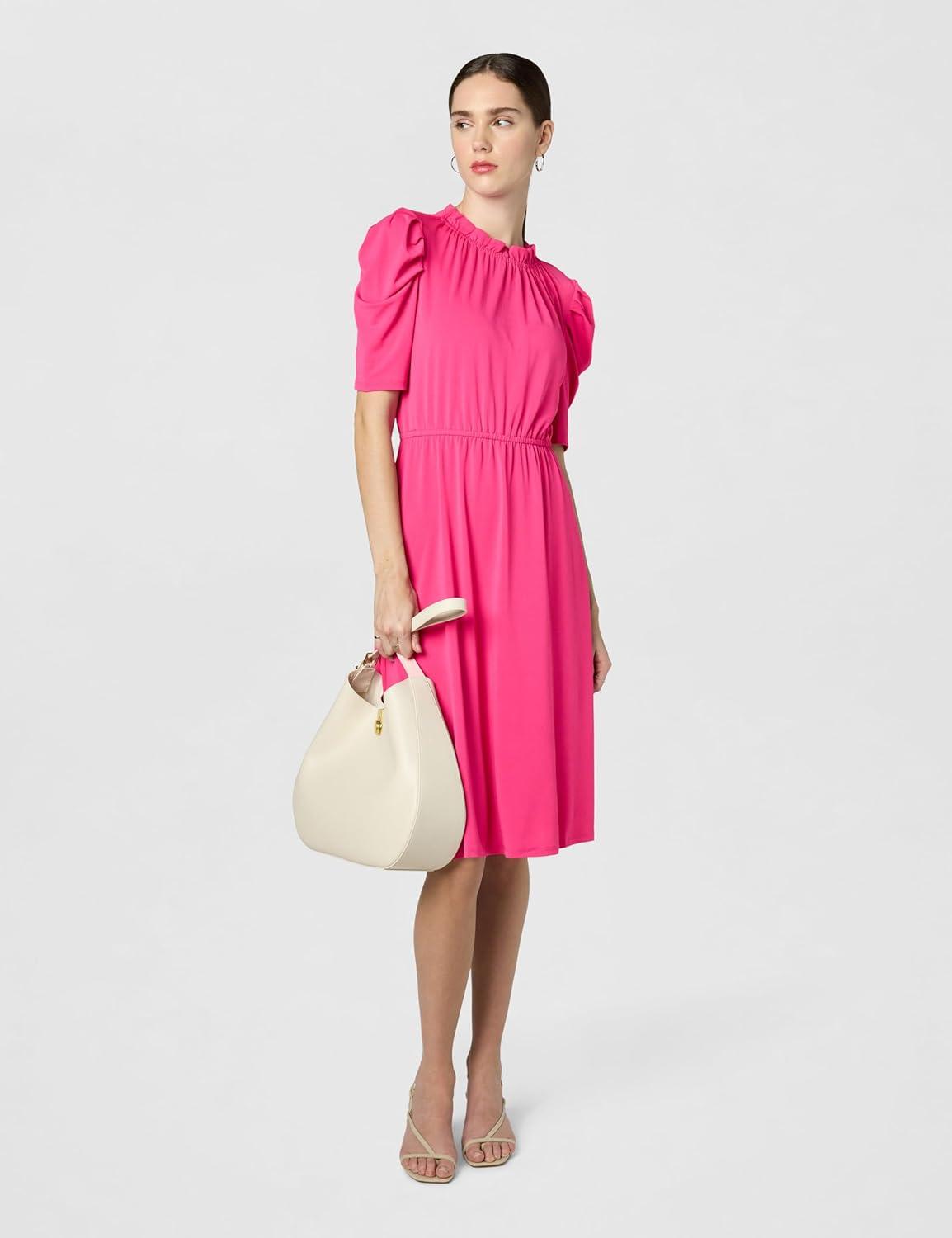 imageAdrianna Papell Womens Solid Knit Ruffle Neck Pleated Sleeve Midi DressAzalea Pink