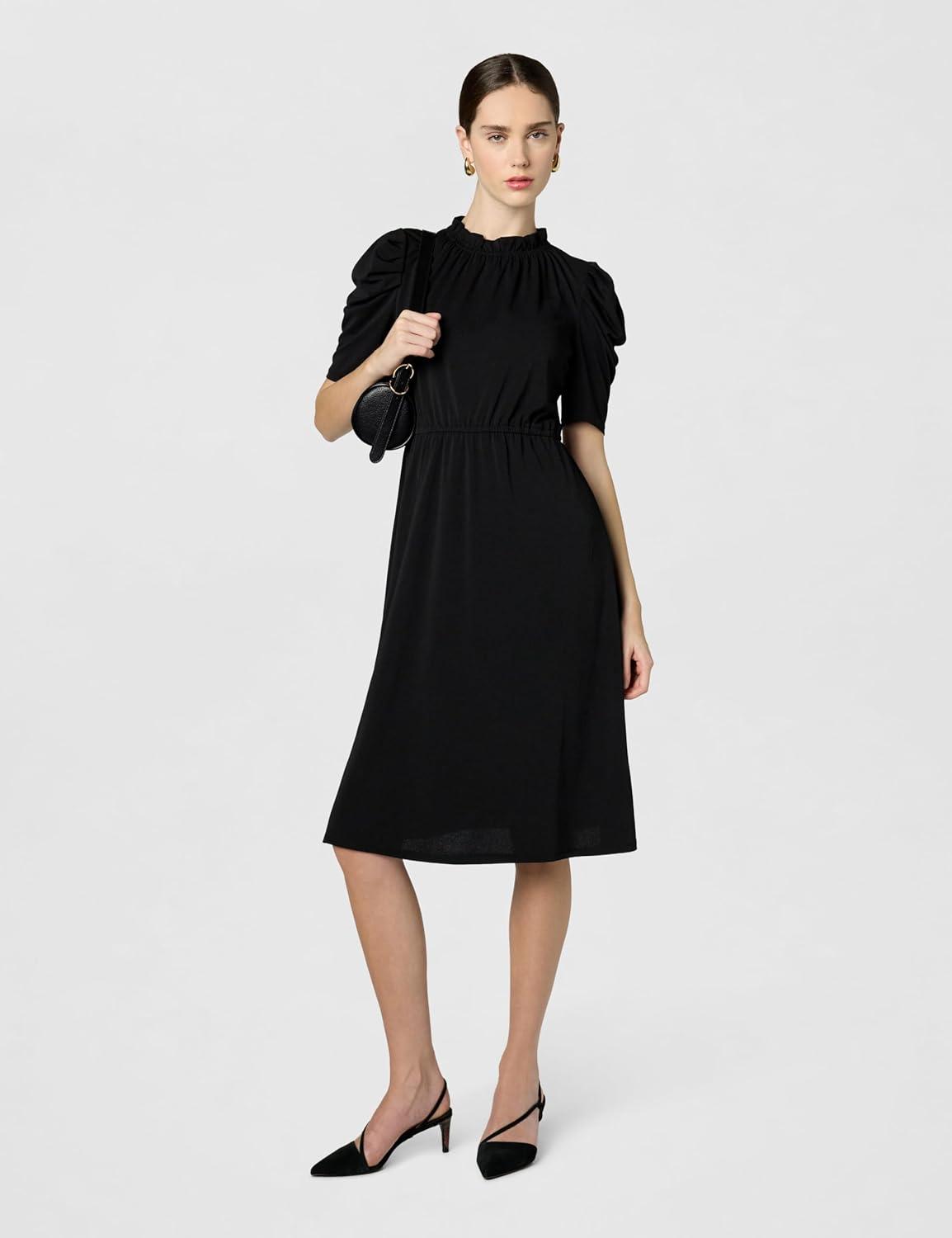 imageAdrianna Papell Womens Solid Knit Ruffle Neck Pleated Sleeve Midi DressBlack